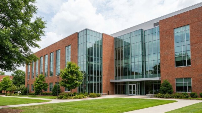 Modern brick building with large glass windows and a contemporary facade, surrounded by green lawns and trees on a bright day.