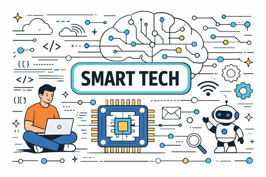 Artificial Intelligence System Series. Clean editorial banner scene with a developer beside an oversized machine chip and large cyber brain icon reaching