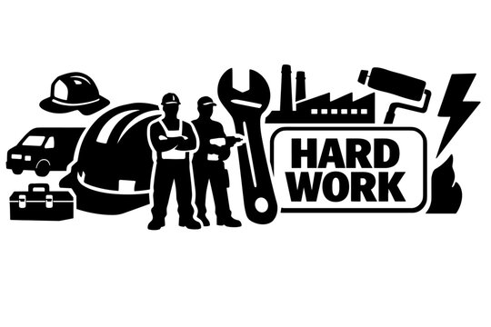 Blue Collar Jobs Series. Solid glyph icon set of skilled trades, labor, and essential work: hard hat worker, mechanic wrench, electrician bolt, plumber pipe,