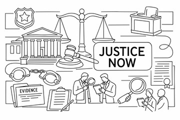 Naklejka premium Justice now concept with legal symbols and courtroom elements