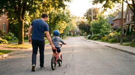 Naklejka premium Father's Day Wide Back View of Dad Teaching Child to Ride a Bicycle on Suburban Street at Sunset