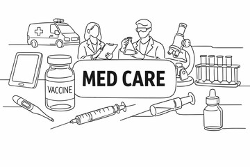 Obraz premium Medical care illustration with doctors, ambulance, and lab equipment
