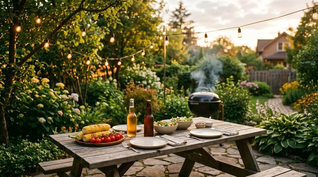 Father's Day Backyard Barbecue Scene with Picnic Table Smoking Grill String Lights and Garden View