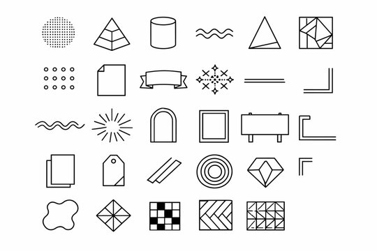 Geometric Memphis Series. Line icon set of geometric Memphis retro design: halftone circle, pyramid, cylinder, zigzag wave, triangle, abstract square, dotted