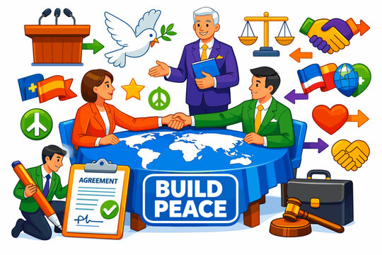 Global Diplomacy Bridge diplomatic cooperation banner with two delegates and one ambassador interacting with an oversized peace table and giant earth flag,