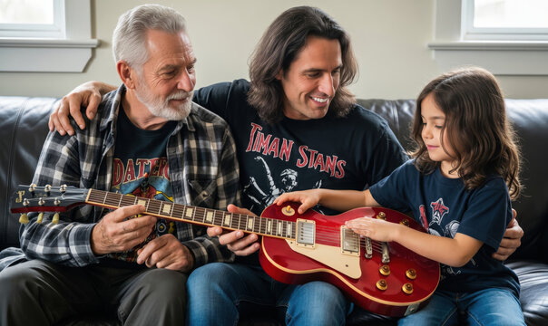Three generations of Caucasian men sitting on the sofa with electric guitar, family bonding and musical passion