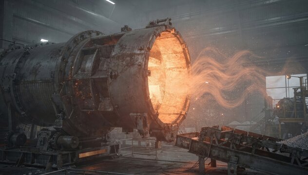 Medium shot of a rotating rotary kiln glowing with intense heat transforming magnesite into highreactivity magnesium oxide under hightemperature conditions.