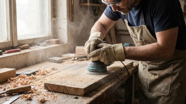 Man sanding wood with an orbital sander, creating a cloud of sawdust in a rustic workshop with natural light.