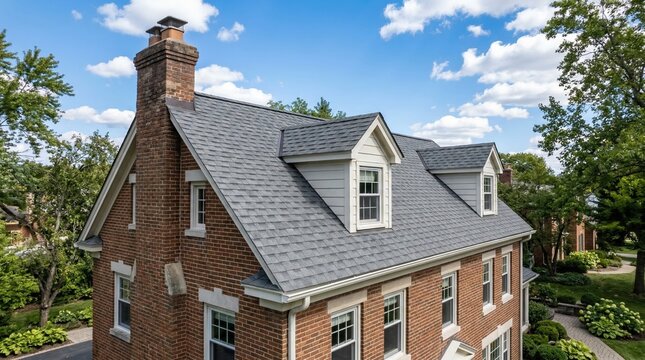 Residential brick house with a newly installed gray shingle roof, multiple dormer windows, and a large brick chimney under a bright blue sky.