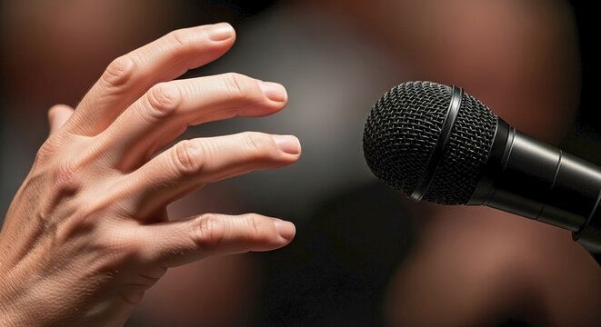 Dynamic speech gesture captured near microphone, illustrating impactful communication. Speaker performs speech gesture, emphasizing key points, engaging audience.