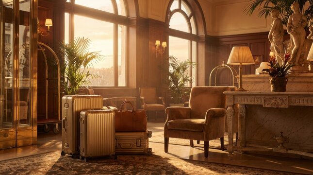 Elegant luggage and bellhop cart waiting in a luxurious hotel lobby with warm golden hour light streaming through large arched windows.