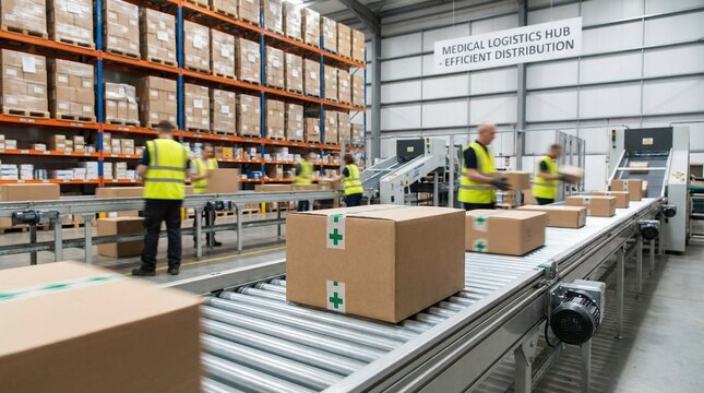 Cardboard boxes with green crosses moving on a conveyor belt in a busy medical logistics hub with workers and shelves.