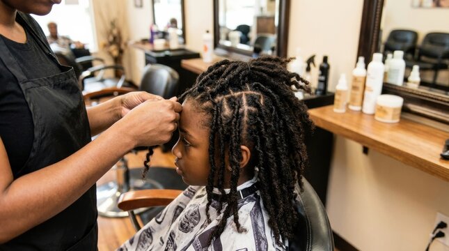 Young Black person getting their hair styled into dreadlocks by a professional hairdresser in a modern hair salon setting.