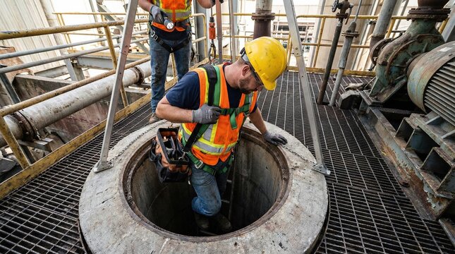 Industrial worker descending into a confined space for inspection, wearing safety gear and harness, with a colleague supervising nearby on a metal grate platform.
