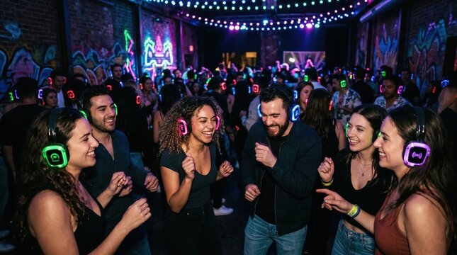 Young people dancing with glowing headphones at a vibrant silent disco party in a dimly lit venue with colorful lights.