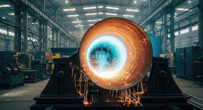 Industrial metal pipe being cut and welded with bright sparks flying inside a large factory hall