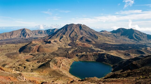 Dramatic volcanic landscape with a deep blue crater lake nestled among rugged mountains and barren, rocky terrain under a clear blue sky.