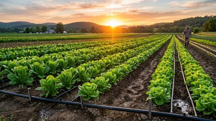 Naklejka premium Rows of fresh green lettuce growing in a vast agricultural field with a farmer walking at sunset, showcasing sustainable farming practices.