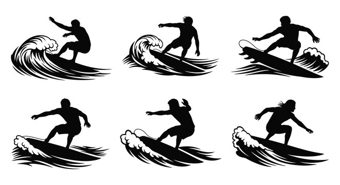 surfing silhouettes of surfers riding waves on white background silhouette high quality professional detailed modern elegant stylish clean crisp vibrant colorful