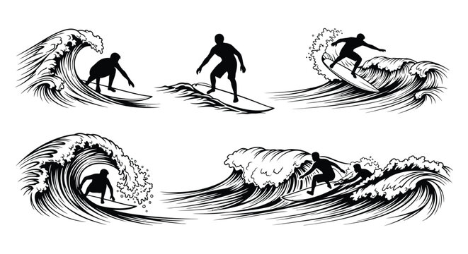 surfing scenes with waves and surfers in various poses silhouette high quality professional detailed modern elegant stylish clean crisp vibrant colorful