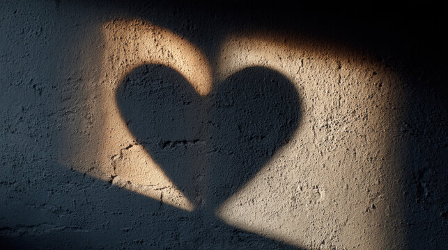 A striking heart-shaped shadow graces a textured wall, the play of light and shadow unveils a subtle display of love and emotion. 