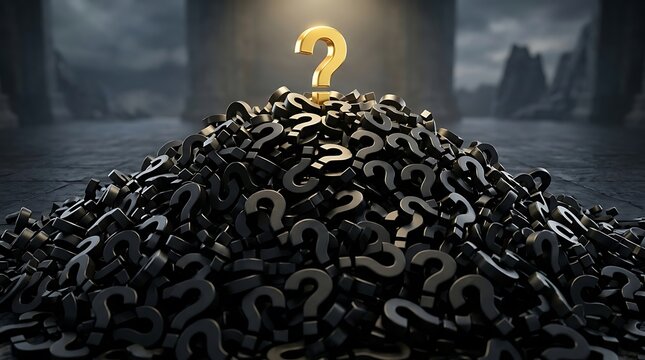 3D graphic of black question mark mound with gold mark on top
