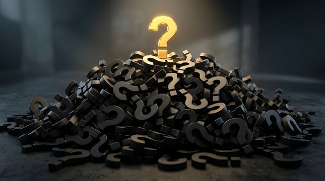 3D graphic of black question mark mound with gold mark on top
