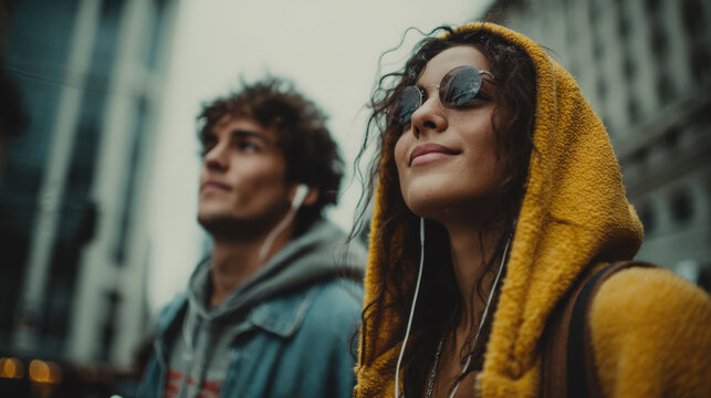 Young couple enjoying a city adventure. Two young people explore the city, finding joy in urban exploration.