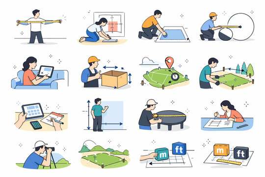 Diverse illustrations show people measuring and calculating dimensions for various projects