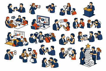 Fototapeta premium Public Relations Media Collection of digital illustrations showing PR managers, journalists, and brand teams in small readable communication scenes such as