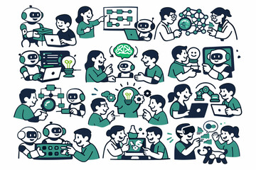 Fototapeta premium Puzzle Team Synergy colorful flat vector icons of puzzle pieces, collaboration circle, idea bulb, handshake, brain icon, target flag, connection link, strategy
