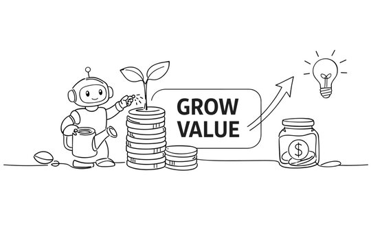 Robot nurturing a plant growing from coins, symbolizing financial growth and value creation