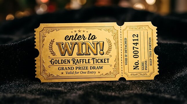 Shiny gold raffle ticket with enter to WIN in bold on dark background
