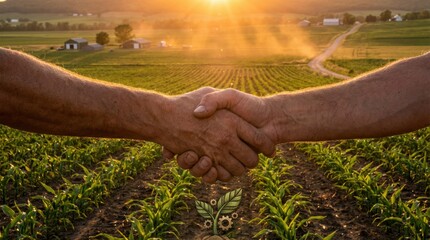 Obraz premium Two farmers shaking hands in a vast agricultural field during a golden sunset, symbolizing partnership and sustainable innovation.
