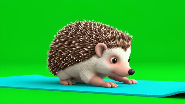 A Charming 3D Rendered Hedgehog Performs a Yoga Pose on a Bright Blue Mat Isolated Against a Vibrant Green Screen Background