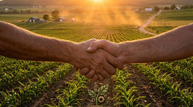 Two farmers shaking hands in a vast agricultural field during a golden sunset, symbolizing partnership and sustainable innovation.