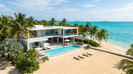 Obraz premium Modern luxury beach house with an infinity pool, surrounded by lush palm trees, overlooking a beautiful turquoise ocean under a clear blue sky.