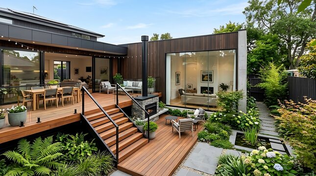 Modern home addition with wooden deck patio courtyard and large glass window
