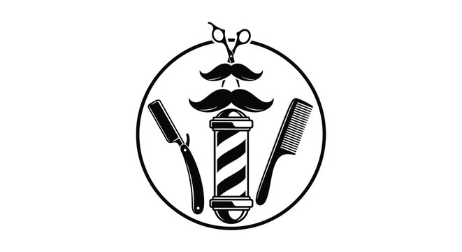 barber tools and mustache in circular frame silhouette high quality professional detailed modern elegant stylish clean crisp vibrant colorful digital creative