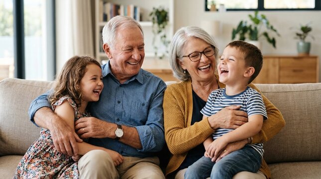 Grandparents and grandchildren laughing together on a comfortable living room sofa, enjoying a happy family moment at home.