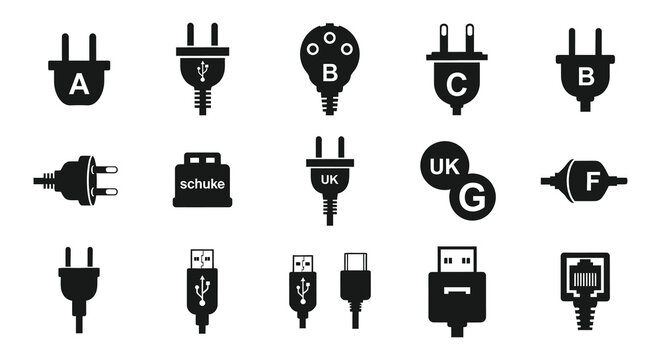 various electrical plug and connector silhouettes on white background silhouette high quality professional detailed modern elegant stylish clean crisp vibrant colorful