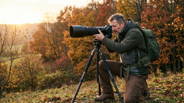 Man photographer with a telephoto lens on a tripod capturing wildlife in an autumn forest during golden hour.