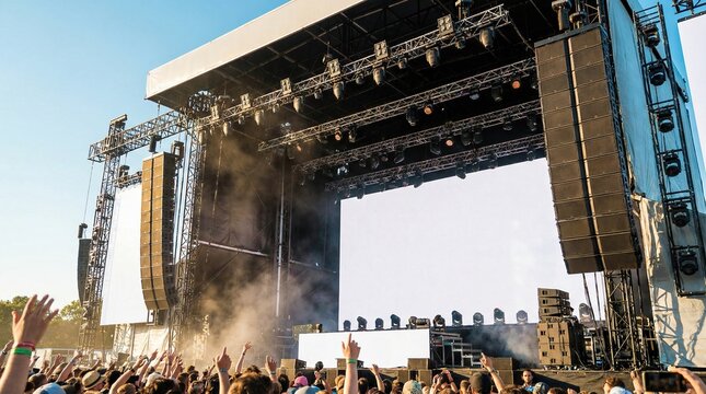 Outdoor concert stage with large screens and speaker stacks illuminated by bright lights, surrounded by a cheering crowd under a clear blue sky.