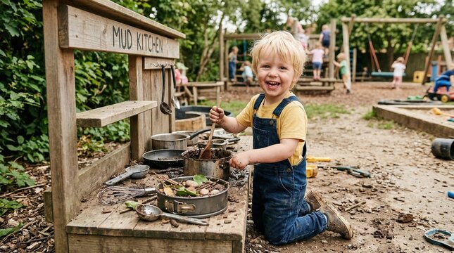 Happy young boy playing in a mud kitchen outdoors, stirring mud with a spoon and smiling cheerfully at the camera.