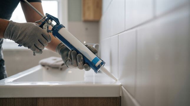 Worker applying silicone sealant to bathroom tiles. Professional repairman using a caulking gun for home renovation