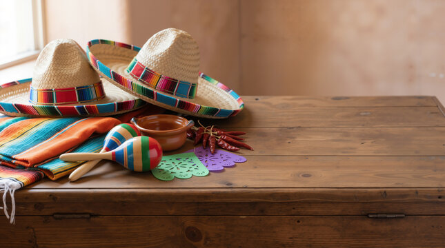 Mexican fiesta decorations with sombreros and maracas on a wooden table. Traditional Cinco de Mayo celebration background. Copy space for text