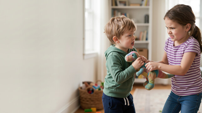 Two children fighting over a toy dinosaur in a living room. Sibling rivalry and conflict between a young boy and girl. Childhood behavior and sharing concept. Large copy space on the left