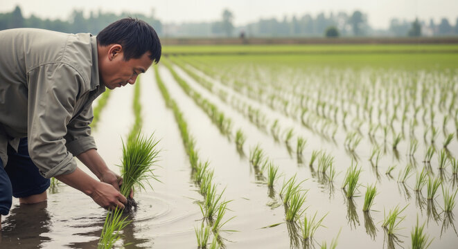 Asian male farmer planting green rice seedlings in a flooded paddy field. Traditional agriculture and rural farming concept. Man working outdoors in shallow water