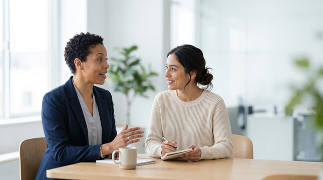 Two diverse businesswomen having a meeting in a modern office. Professional Black mentor talking to a Hispanic colleague. Mentorship and collaboration in the workplace