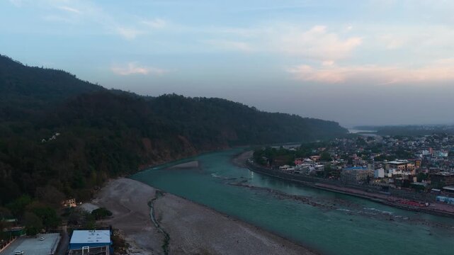 Upward Aerial Shot of Ganga River at Rishikesh, 4k Footage 